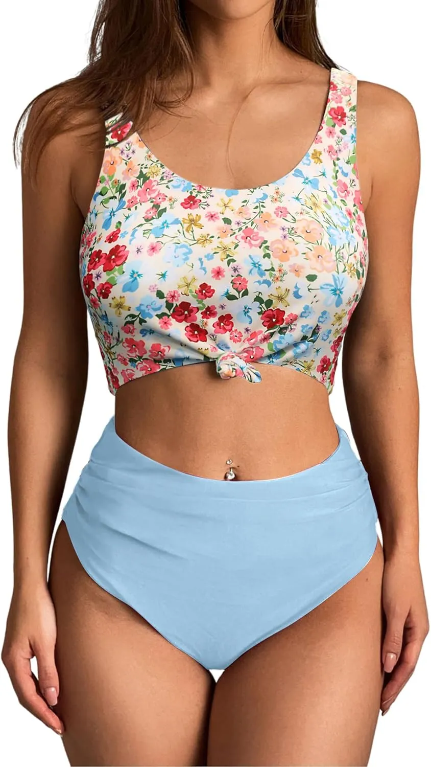 ZAFUL Women's High Waisted Tankini Scoop Neck Knotted Two Pieces Tankini Set Swimsuit