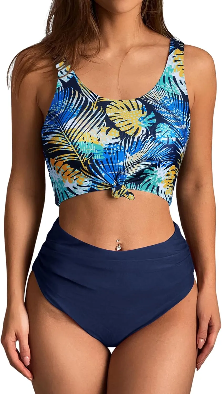 ZAFUL Women's High Waisted Tankini Scoop Neck Knotted Two Pieces Tankini Set Swimsuit