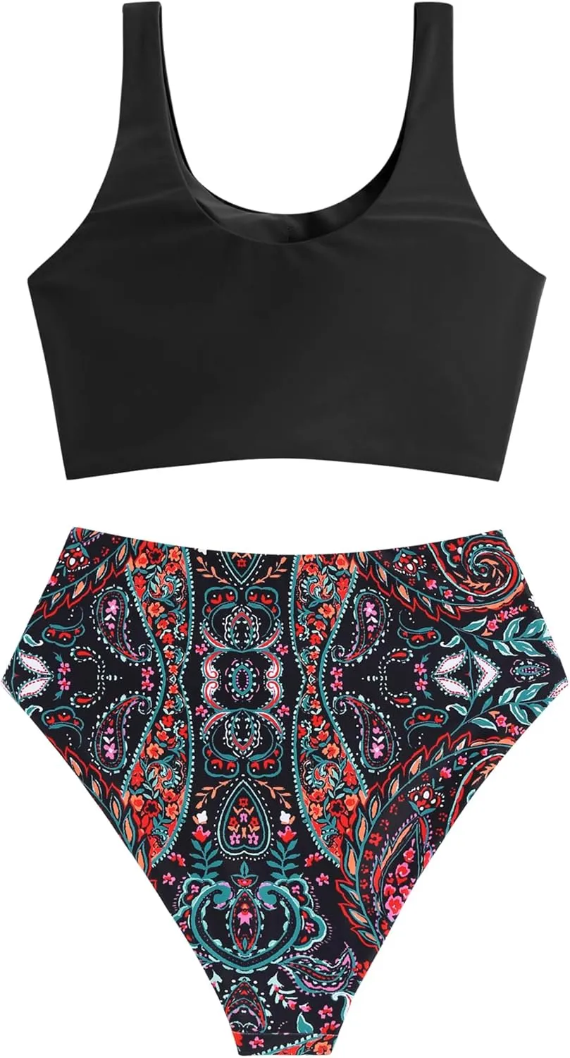 ZAFUL Women's High Waisted Tankini Scoop Neck Knotted Two Pieces Tankini Set Swimsuit