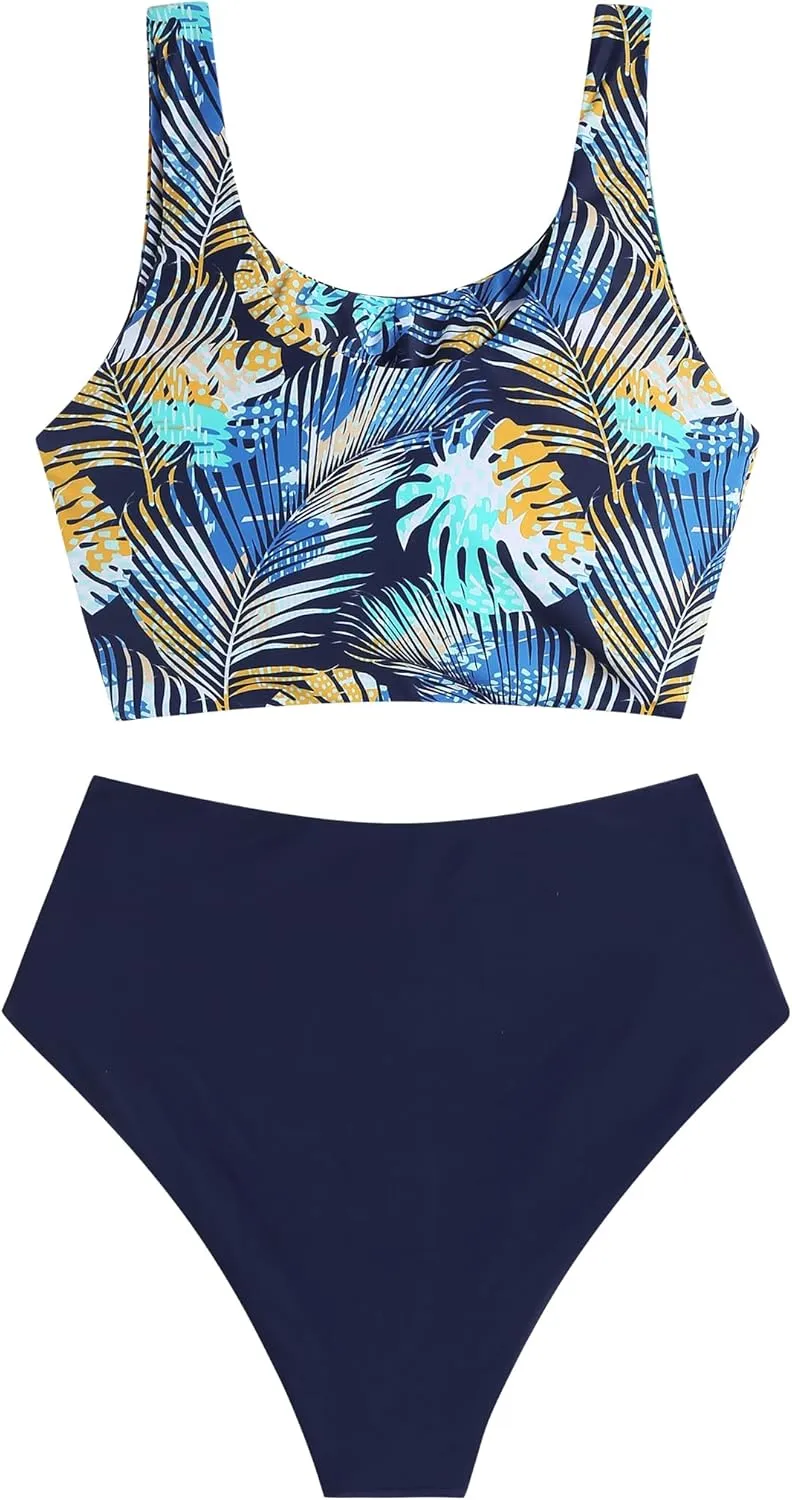 ZAFUL Women's High Waisted Tankini Scoop Neck Knotted Two Pieces Tankini Set Swimsuit