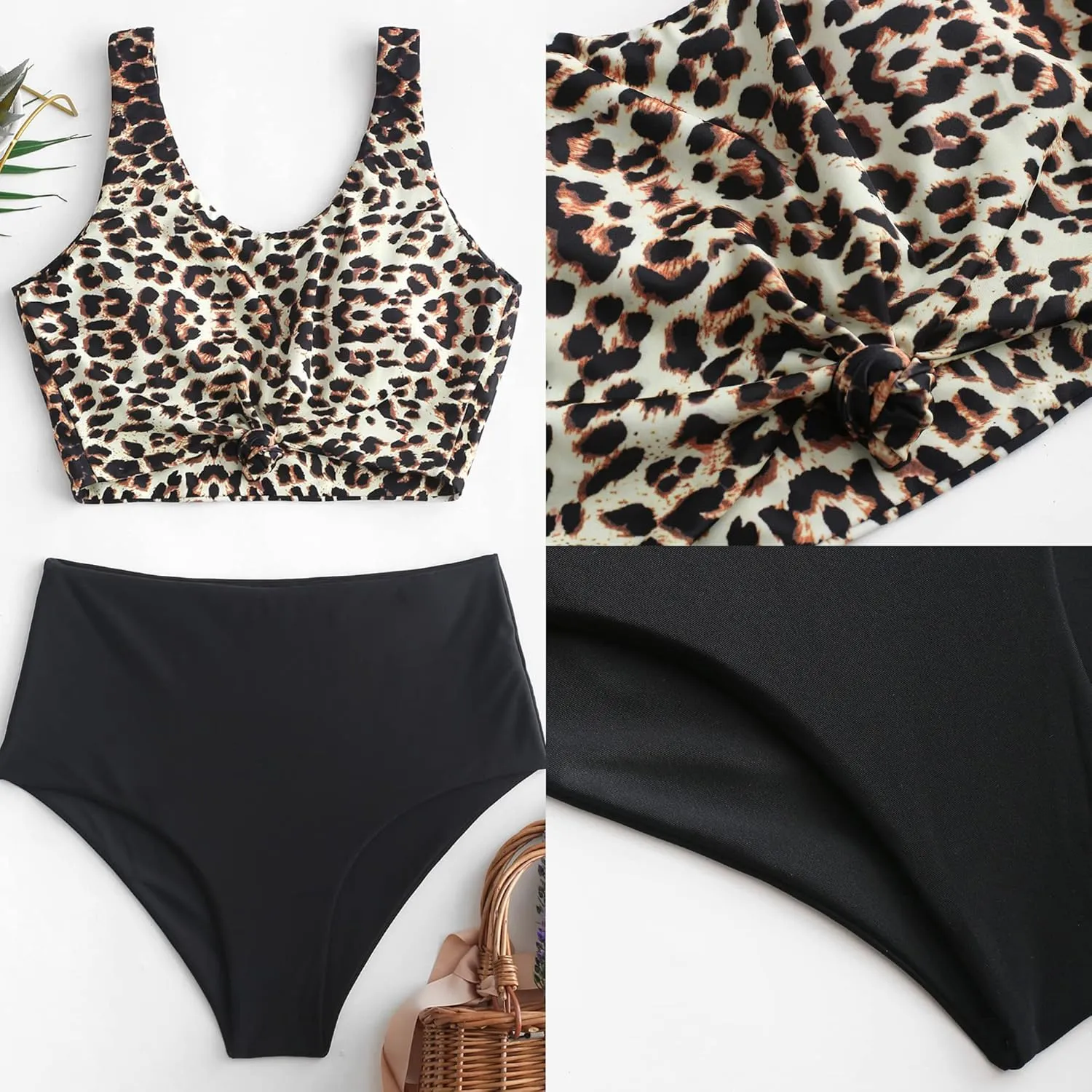 ZAFUL Women's High Waisted Tankini Scoop Neck Knotted Two Pieces Tankini Set Swimsuit
