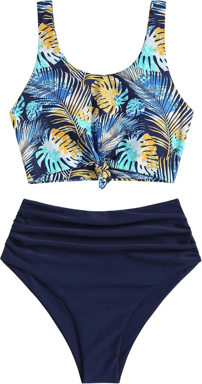 ZAFUL Women's High Waisted Tankini Scoop Neck Knotted Two Pieces Tankini Set Swimsuit