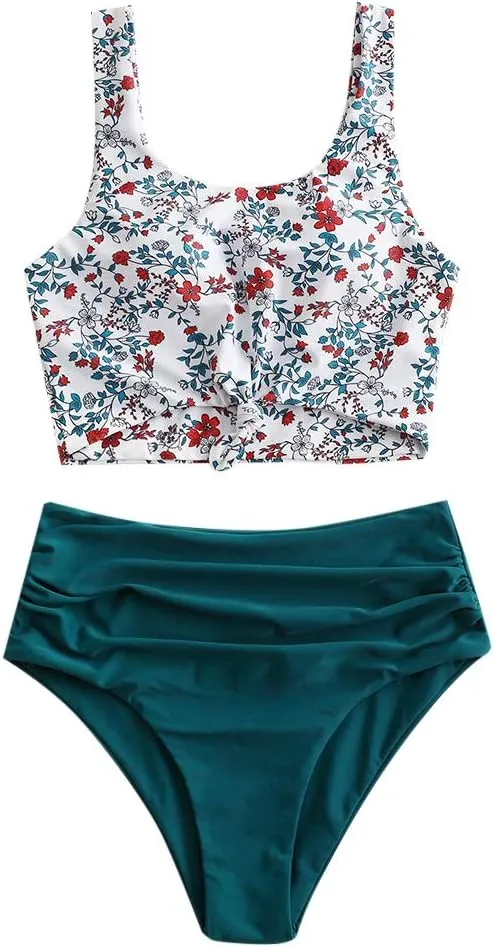 ZAFUL Women's High Waisted Tankini Scoop Neck Knotted Two Pieces Tankini Set Swimsuit