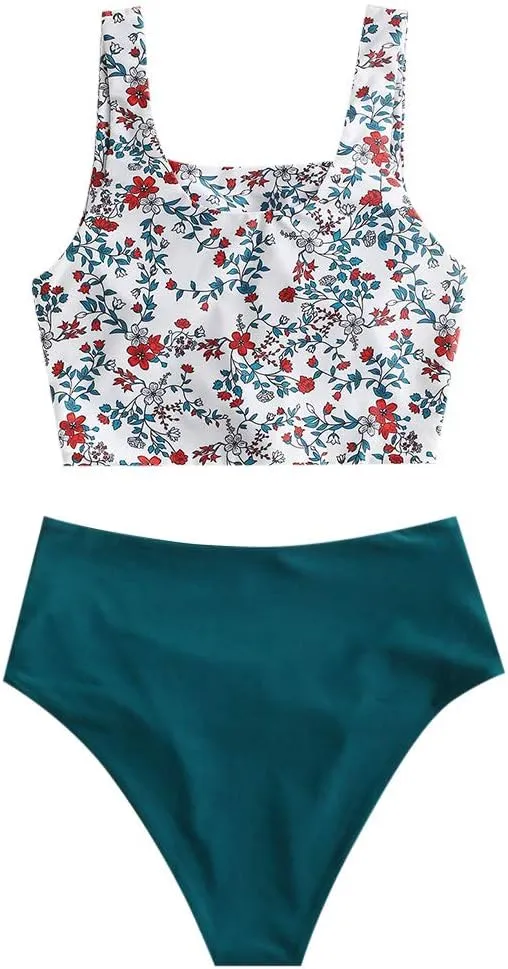 ZAFUL Women's High Waisted Tankini Scoop Neck Knotted Two Pieces Tankini Set Swimsuit