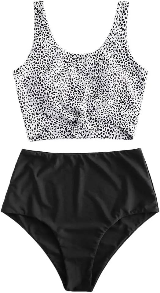 ZAFUL Women's High Waisted Tankini Scoop Neck Knotted Two Pieces Tankini Set Swimsuit