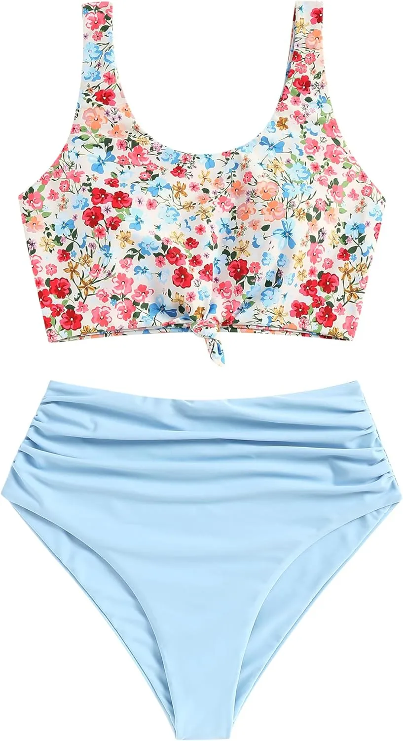 ZAFUL Women's High Waisted Tankini Scoop Neck Knotted Two Pieces Tankini Set Swimsuit