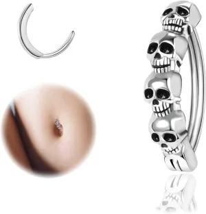 ZS 14G Skull Clicker Belly Button Rings for Women, 925 Sterling Silver Punk Belly Barbell Piercing Reverse Curved Navel Barbell Body Jewelry